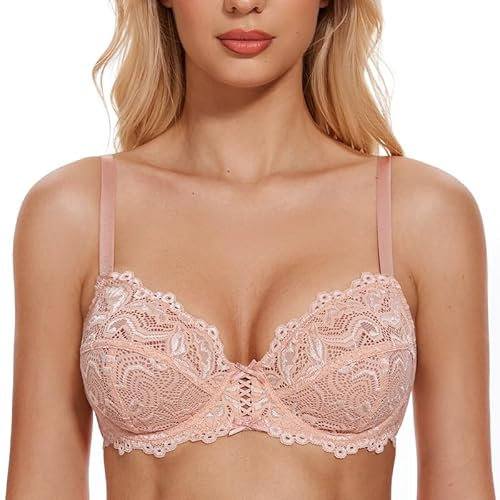 Wingslove Damen BH aus floraler Spitze Lace BH Bügel BH Ungepolstert Soft Cup Vollschalen (Rosa Beige, 90B)