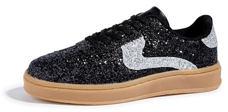 LUCKY STEP Glittersneakers för kvinnor mode retro vardaglig glittrande bling glänsande uppklädda behåliga brudbröllop halkfria promenadskor, Svart/silver, 40.5 EU