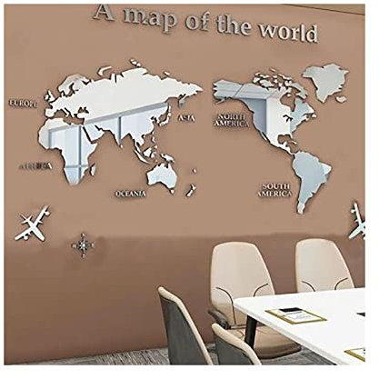 Jwthee Adesivi da parete in acrilico, Adesivo per specchio da parete con mappa del mondo 3D, Adesivo autoadesivo per decorazioni da parete, Specchi stacca e incolla per parete Adesivi