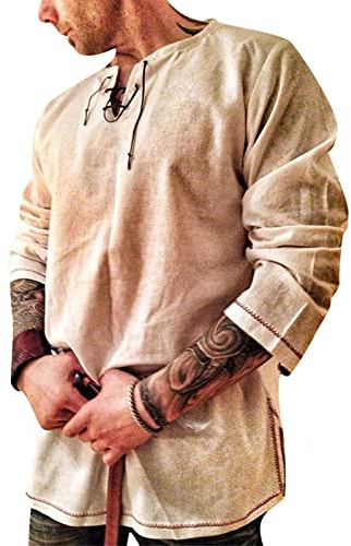 Rodawu Mens Viking Tunic Casual Cotton Linen Medieval Pirate Hippy Shirts | Fashion Long Sleeve T Shirts,Drawstring Collar,Henley Neck,Ideal for Boho,Hippie,Beach and Yoga