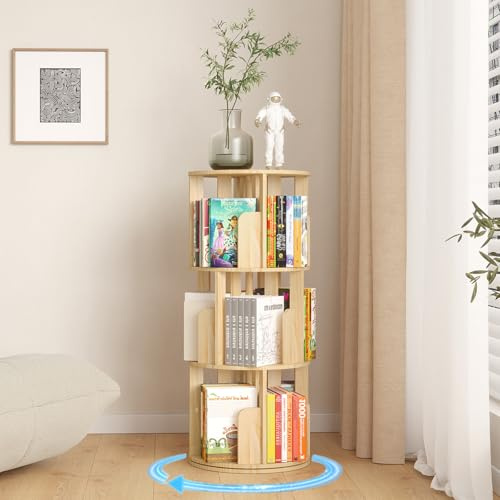 YGYQZ Rotating Bookshelf, 3 Tier Floor Standing Bookcase Wood 360 Display Narrow Book Shelf Organizer for Kids & Adult Storage Rack for Bedroom, Living Room, Study Room