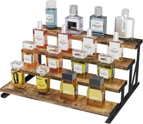 Lifewit 4-Tier Wooden Dispaly Riser, Perfume Stand, Vanity Organiser for Fragrance, Cologne, Cosmetics, Display Shelves for Craft, Spice, Figure, 1 Pcs, Rustic Brown