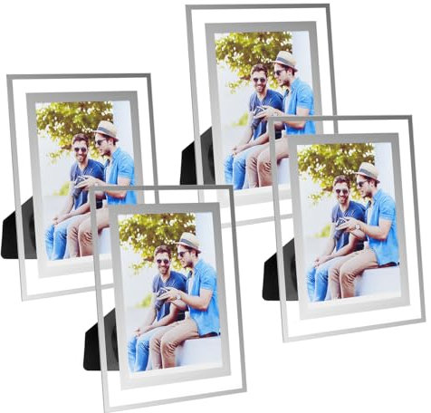 QWORK® Juego de 4 marcos de fotos de cristal espejado plateado de 10x15cm, se pueden colocar horizontal o verticalmente, para exhibición de mesa