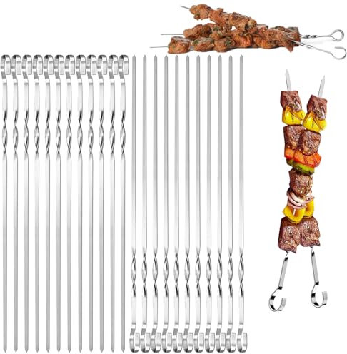 Mino Plus 24pcs Brochettes de Barbecue,Brochettes en MéTal,30cm Pique Brochette Inox,Brochettes en métal Plat,Brochette Réutilisables pour Barbecue Viande légumes,Brochettes Pour Griller (C)