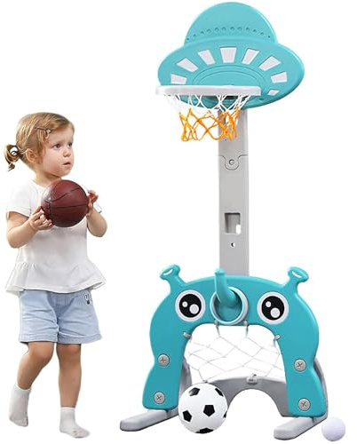 WODFARR 3 en 1 Panier de Basket Enfant-Panier de Basket-Ball Réglable en Hauteur, Lancement d'anneau, But de Football Lancer Les Enfants pour Tout-Petits (Éléphant Bleu-55 * 58 * 146 cm)