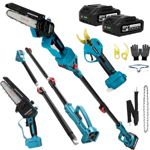 panthem Élagueuse sans fil 4 en 1 de 15,2 cm - Mini tronçonneuse avec batterie et scie à élaguer télescopique de 45 mm - Pour Makita 18 V - Sécateur électrique - 21 V 4000 mAh - Avec tige télescopique