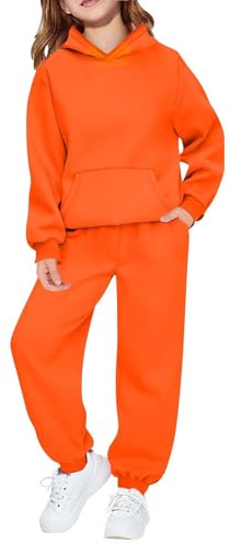Tuta da jogging per bambini, tuta sportiva in due pezzi, con cappuccio e pantaloni da jogging, autunnale, inverno, per il tempo libero, carina, tinta unita, da 2 a 14 anni, I9# - Arancione, 13-14