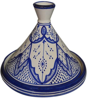 Moroccan Handmade Serving Tagine Exquisite Ceramic With Vivid colors Original 8 inches in Diameter Fes White & Blue
