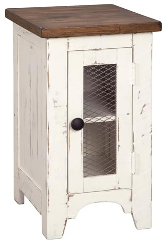 Signature Design by Ashley Wystfield Farmhouse Chair Side End Table with Cabinet Door for Storage, White & Brown with Distressed Finish
