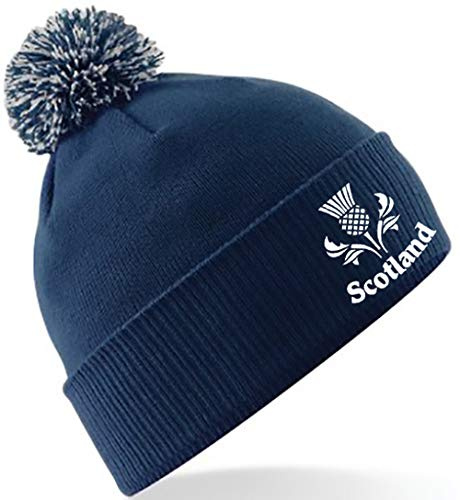 Ranks Embroidered Scotland Thistle Pom Pom Beanie Hat, Present Navy Blue/Heather Grey