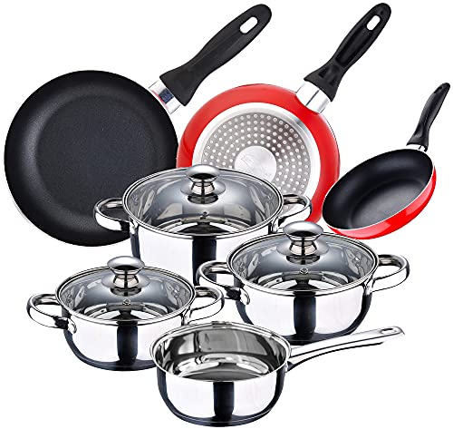 San Ignacio Batería de cocina 7 piezas en acero inoxidable + Juego de 3 sartenes, PK3375, Bateria 7 pcs + 16/20/24 cm