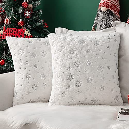 MIULEE 2er Set Kissenbezüge Weihnachten Kuschelkissen Flauschig Schneeflocken Dekokissen Sofakissen Plüschkissen Fellkissen Couchkissen Kissenhülle Zierkissenbezug für Wohnzimmer 40x40 cm Weiß