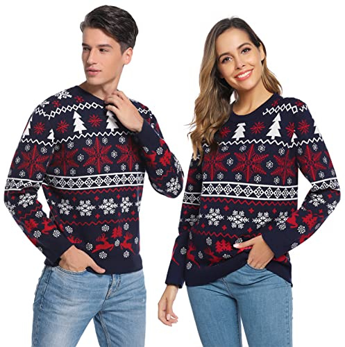 Litherday Jersey Navidad Mujer Hombre Unisex Suéter Navideño Pareja y Familia con Copos de Nieve y Reno, Ropa Navidad Divertida, Regalo Original Azul-Mujer M