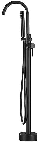 VALAZ Mitigeur Baignoire sur Pied | Mitigeur d'Eau Chaude et Froide, Économiseur d'Eau, Installation Facile et Rapide, Acier Inoxydable, Col de Cygne Rond, Noir Mat, Série Ebro