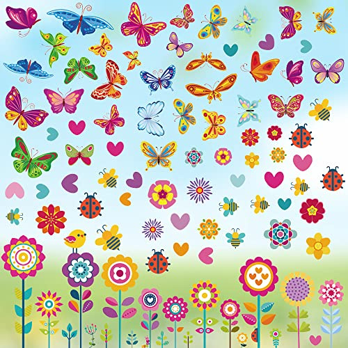 ZDQC 9 ark fönsterdekoration blommor, fjäril fönsterklistermärken, fönsterbilder vår blommor, glasdekaler självhäftande, fönsterbilder blommor återanvändbara, fönsterklistermärken blommor