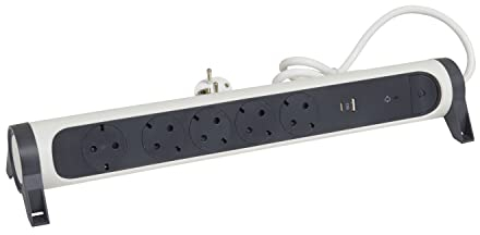 LEGRAND, Drehbare Steckdosenleiste, 5-fach Steckdose, Mehrfachsteckdose, USB-A- und USB-C-Anschluss, integrierter Überspannungsschutz mit Statusanzeige (SPD), 1,5m Kabel, Ultraweiß/Dunkelgrau, 694510
