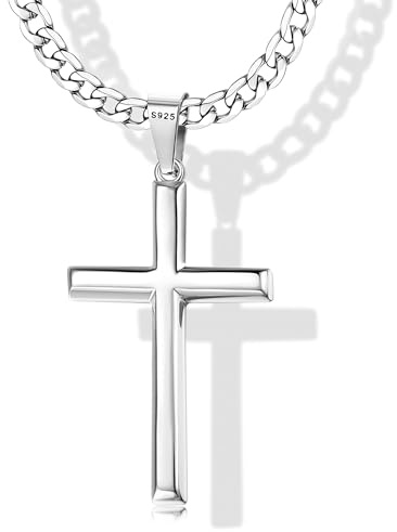 KRFY 925 Collar Colgante Cruz de Plata Esterlina para Hombre Mujer con 5 mm Collar Duradero de Acero Inoxidable con Corte de Diamante Figaro o Cadena18K Colgante Cruzado Chapado en Oro Blanco Collar