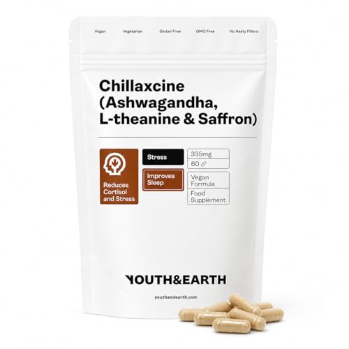 Youth & Earth CHILLAXCINE (Ashwagandha, L-theanine and Saffron) 335mg (60 Capsules) - Reduced Anxiety - Better Sleep Quality - Chronic Stress Support