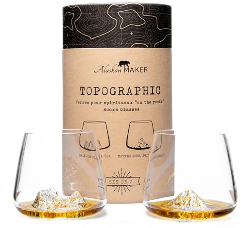 Verres à Whisky 350ml (lot de 2) - Borosilicate de qualité supérieure, soufflés artisanalement avec les montagnes en relief | Forme Tulipe | Spiritueux TOPOGRAPHIC (Grand Canyon & Matterhorn)