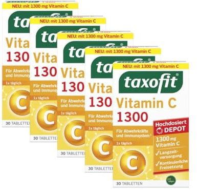 taxofit Vitamin C 1300 | Für Abwehrkräfte und Immunsystem | Mit hochdosiertem Vitamin C | 5 x 30 Tabletten