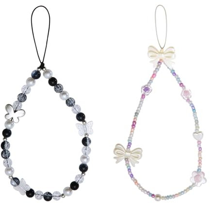 NQEUEPN 2 Pzs Abalorios para Teléfono con Cuentas, Lazos de Mariposa Flores Perlas Cordón con Cuentas Cadena Estética para Teléfono Correas de Muñeca para Teléfono Móvil para Niñas y Mujeres