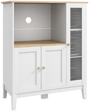 HOMCOM Mueble Auxiliar de Cocina Moderno Mueble para Microondas Aparador de Cocina con Estantes 3 Puertas Compartimiento Abierto y Sistema Anti-vuelco para Comedor 80x35x97 cm Blanco