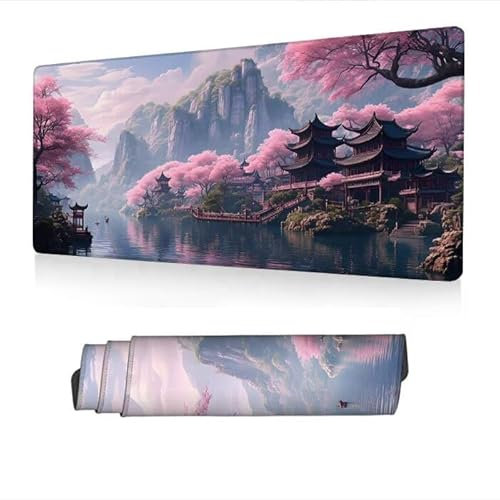 Large Mouse Mat 1400x600x3mm, Mouse Pad Cherry Blossoms Desk Mat, Mousepad Pavilion Desk Pad with Non-Slip Rubber Base, Keyboard Pads Waterproof, Stitched Edges Mousemat, Computer Accessories S1-786