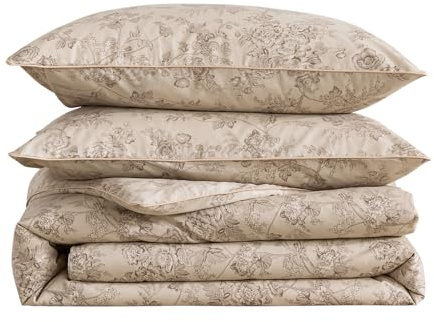 Puralens Beige Floral Duvet Cover, King Size 100% Cotton Percale Shabby Flower Print Chic Bed Cover Set, Soft Crisp Zipper Reversible Comforter Cover Set, Luxury Vintage Cottage Toile Bedding, 3Pcs