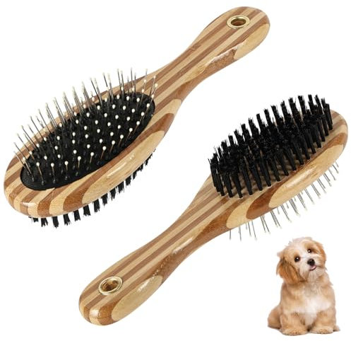Aomig Hundebürste für Pet Hunde Katze 2 in 1 Doppelbürste Katzenbürste für Langhaar Kurzhaar Weiche Bürste mit Langem Griff Hundekamm Fellpflege aus Holz Tierbürste Fellbürste für Hunde Haustierbürste