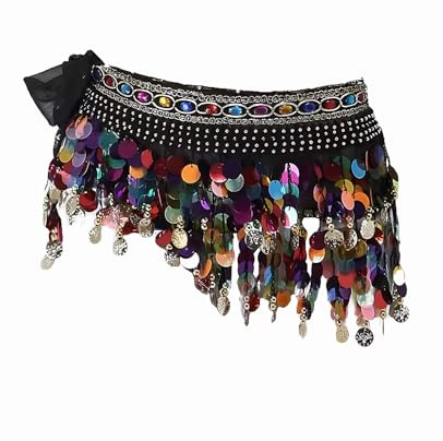 Waaqkid Belly Dancing Hip Scarf, Dancer Skirt Scarves with 48 Gold Coins and Numerous Colored Sequins