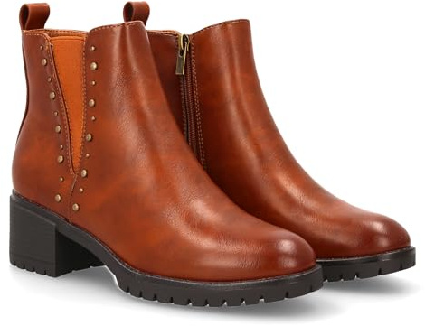 shoes&blues.es Stivaletto da donna stile Chelsea, con tacco largo, ornamento di borchie ed elastici. Ideale per la stagione ottono invernale., CUOIO, 37 EU
