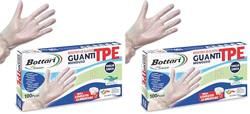 Bottari Guanti Monouso in TPE Senza Polvere, 100 Pezzi, Resistenti per Pulizia, Alimenti, Giardinaggio, Bricolage e Casa (Confezione da 2)