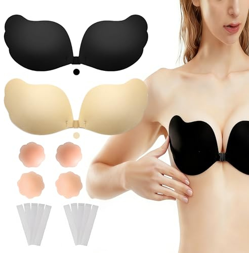 LEBOKJ 2 Pack Invisible Sticky Adhesive Bra, Strapless Backless Push Up Bra with Nipple Covers & Tape for Everyday Wearing, Strapless Dress, Wedding, Prom, Dinner & Swimwear (Cup C)
