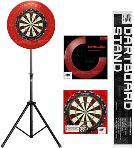 Target Darts Dartboard Set mit tragbarem Ständer, Tor Steeldartboard & rotem VALE Surround | Mobiles Dreibein-Freistehsystem mit Boardhalterung | Wandschutzring