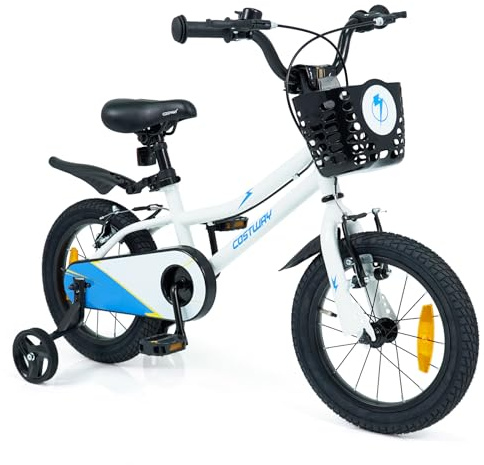 COSTWAY Barncykel med korg, 14/16 tums cykel med höjdjusterbar sadel och styre, barncykel med klocka, skyddsplåt och stödhjul för 3–7 år pojkar och flickor
