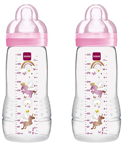 MAM Easy Active Baby Bottle with Fast Flow MAM Teats Size 3, Twin Pack of Baby Bottles, Baby Feeding, 330 ml, Colour: Pink (Designs May Vary)
