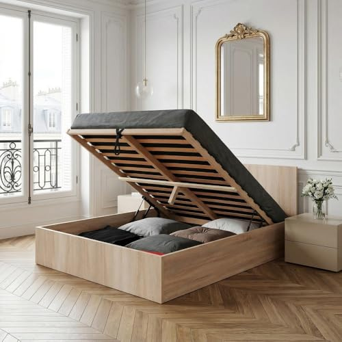 WEBER INDUSTRIES Lit Coffre Madrid 140x190 + 1 sommier/Décor Chêne Blanchi