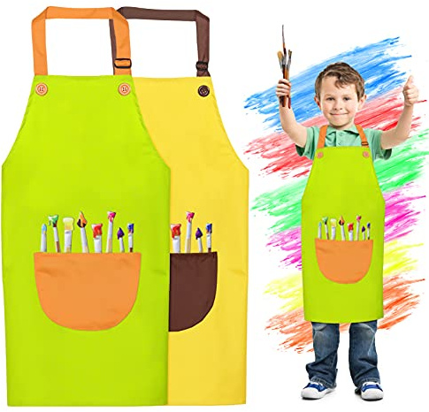 Huahuanghui Grembiule Pittura Bambini, 2 Grembiuli Regolabili con Tasca, per Bambini 7-13 Anni, Giallo e Verde
