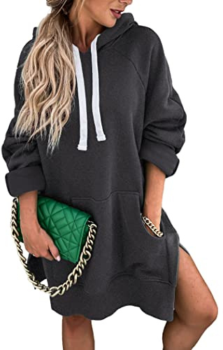 PRETTYGARDEN Sweatshirt for Women 2026 Fall Oversized Pullover Long Sleeve Casual Hoodie Dress Kangaroo Pocket Winter Clothes (Dark Grey,Large)