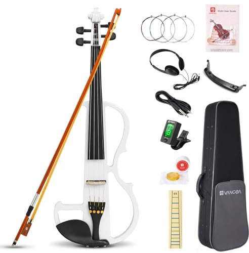 Vangoa Violon Électrique 4/4 Pratique Silencieuse Violon Pleine Grandeur pour Débutants Étudiants Adultes Adolescents avec Kits de Démarrage, Blanc