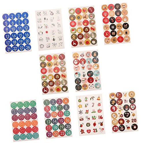 PACKOVE 10 Bögen Weihnachts-Geschenkaufkleber Sticker-Etiketten Farbige Punkt-Sticker Zahlen-Sticker Weihnachten Deko-Sticker Weihnachten Adventskalender-Sticker Versiegelungs-Sticker
