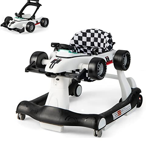 Maxmass Baby Walker, 4 in 1 Infant Sit-to-Stand Walker with Adjustable Height & Speed, Steering Wheels, Detachable Seat Cushion, Foldable Toddler Activity Walkers for Boy Girl 6-18 Months (White)
