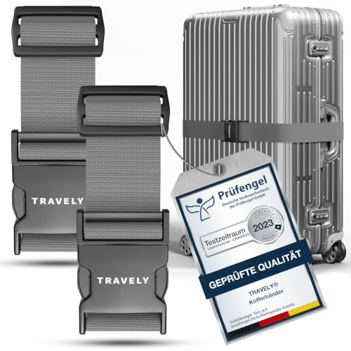 Travely® Lot de 2 sangles de valise de qualité supérieure, particulièrement attrayante et sûre, avec 2 étiquettes à bagage, sangle de bagage idéale en croix, gris