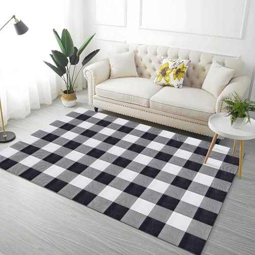 mosegor Teppich Gegend Wohnzimmer, 210 x 160 cm schwarz-weißes Karo Teppiche mit Rutschfester Rückseite, Waschbarer Teppich, weicher Faltbarer Teppich für Schlafzimmer, Esszimmer, Wohnkultur, 3.36 ㎡