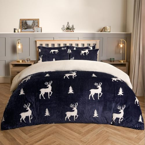 OHS Stag Print Ribbed Christmas Bedding King Size, Soft Warm Quilt Fleece Duvet Set King Size Thick Rib Winter Fluffy Bedding Reverse Fur Fleece Christmas Duvet with Pillowcases, Navy