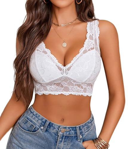 Avidlove Crop Top Donna Camicia Intima in Pizzo Top Sexy Scollo a V Senza Ferretto Festival Bianco L