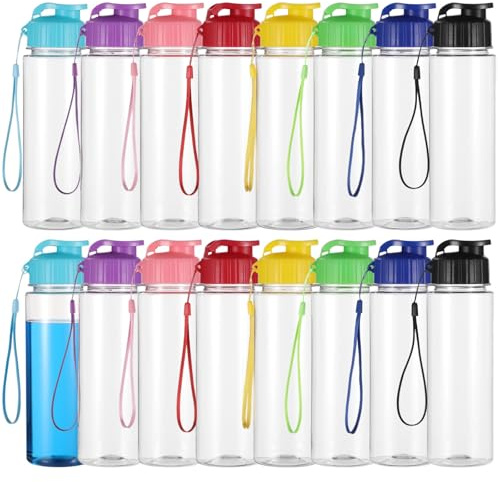 byepica 16 bottiglie d'acqua in plastica di grande capacità, 500 ml, design a pressione con chiusura a scatto, resistente alle perdite, con manici colorati, ideali per scuola, fitness e attività