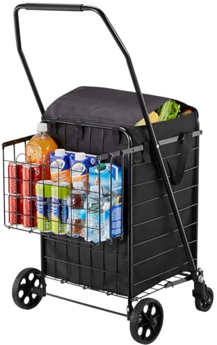 VEVOR Chariot de courses pliable avec 2 paniers, chariot de supermarché avec roulettes et doublure étanche, charge 45,3 kg, capacité totale 74 L, panier à linge robuste pour camping, épicerie, bagages