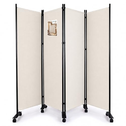 VOUNOT® Biombo Separador Plegable 4 Paneles Separador de Ambientes con Ruedas 228x30x171 cm Pantalla Privacidad Tela Poliéster Marco Metal Divisor de Habitación para Oficina Dormitorio Interior Beige