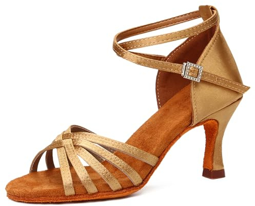 DKZSYIM Women's Satin Latin Dance Shoes Professional Ballroom Salsa Practice Performance Dancing Shoes,213-Beige-7,US 8.5